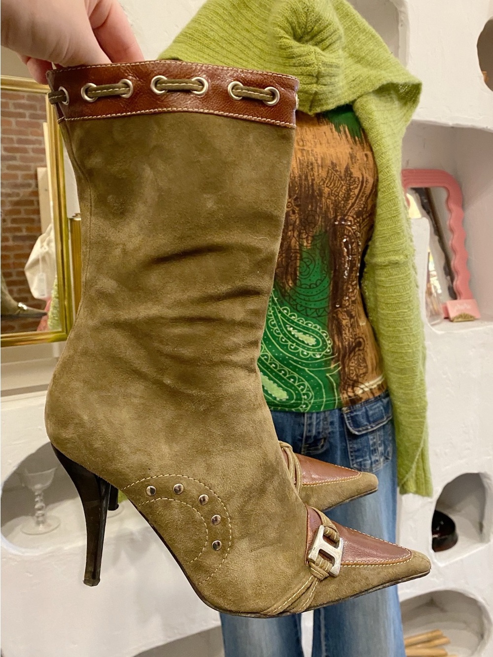 Y2K Suede and Leather Pointed Toe High Heel Stiletto Boots w Buckle & Grommets